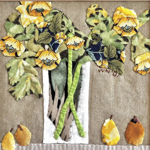 Fabric Collage by Wilda Northrop Yellow Flowers & Pear Signed Textile Art Floral - Picture 10 of 16
